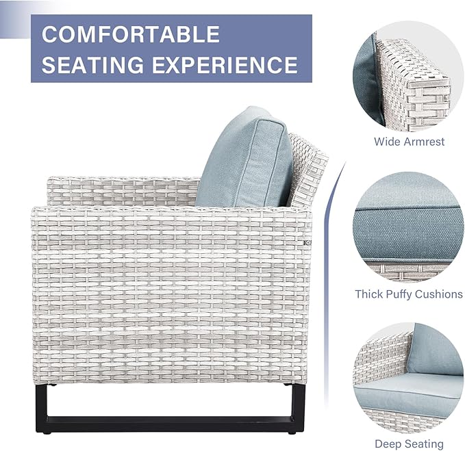 Wicker Outdoor Patio Chairs Set - 3 Piece Rattan Patio Furniture Bistro Chairs Set with Waterproof Wicker,Comfortable Cushions and Sturdy Metal Frame for Porch Deck Backyard(Light Grey/Sky Blue)