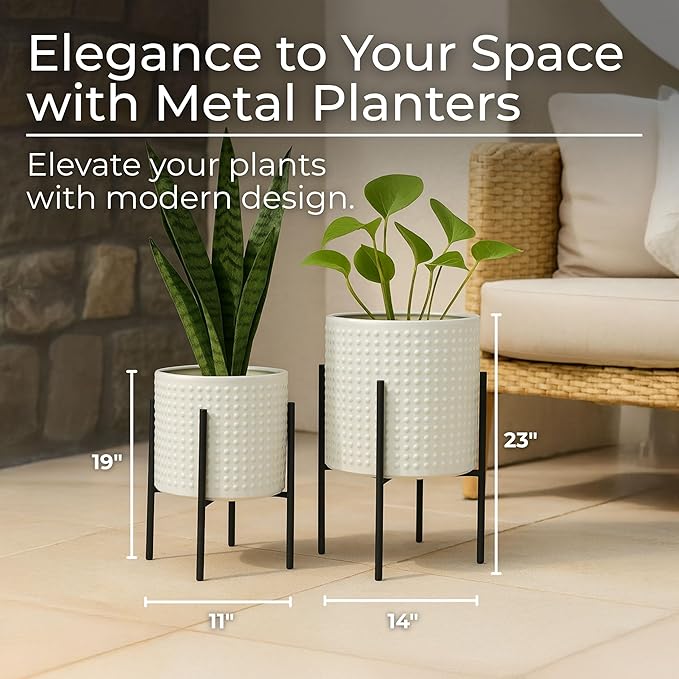 Decorative Flower Pots with Metal Stand for Home Decor - Modern Planters for Hallway, Entryway, and Living Room Decor - Indoor and Outdoor Pots for Plants - Set of 2, 23", 19", White & Black