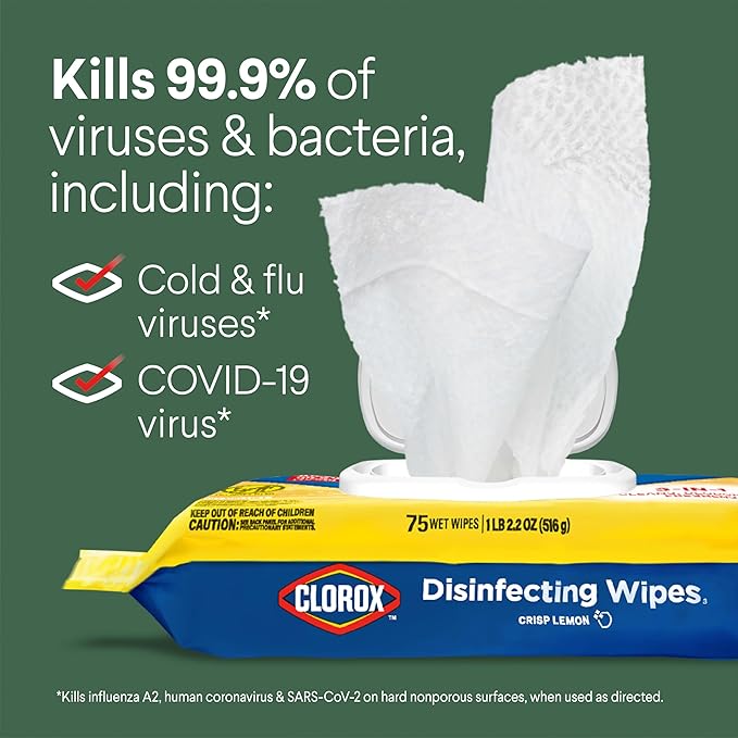 Clorox Disinfecting Wipes, Bleach Free Cleaning, Crisp Lemon, 75 Count (Pack May Vary)