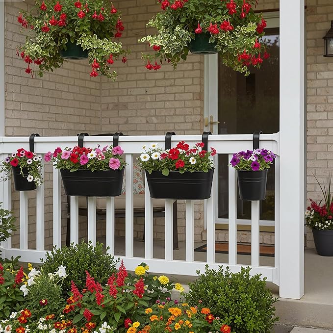 Romooa 16 Pcs Hanging Flower Pots Planters for Outdoor Metal Iron Wall Flower Planter Baskets for Railing Fence Balcony Garden Yard Home Indoor Decoration with Detachable Hooks(Black)