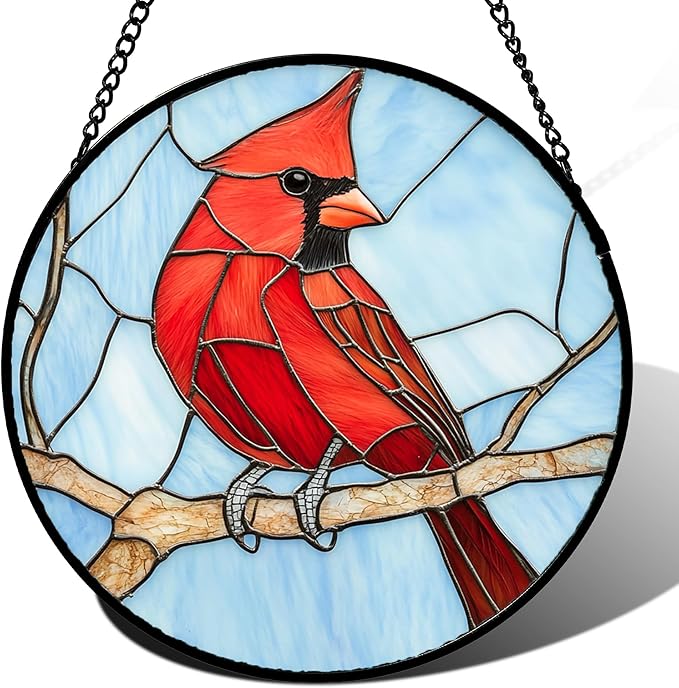 Stained Glass Window Hanging Cardinal Birds 6.3" - Suncatcher Door Garden Sun Catcher Home Decor Christmas Birthday for Bird Lovers Woman Her Nana Wife Men Mom