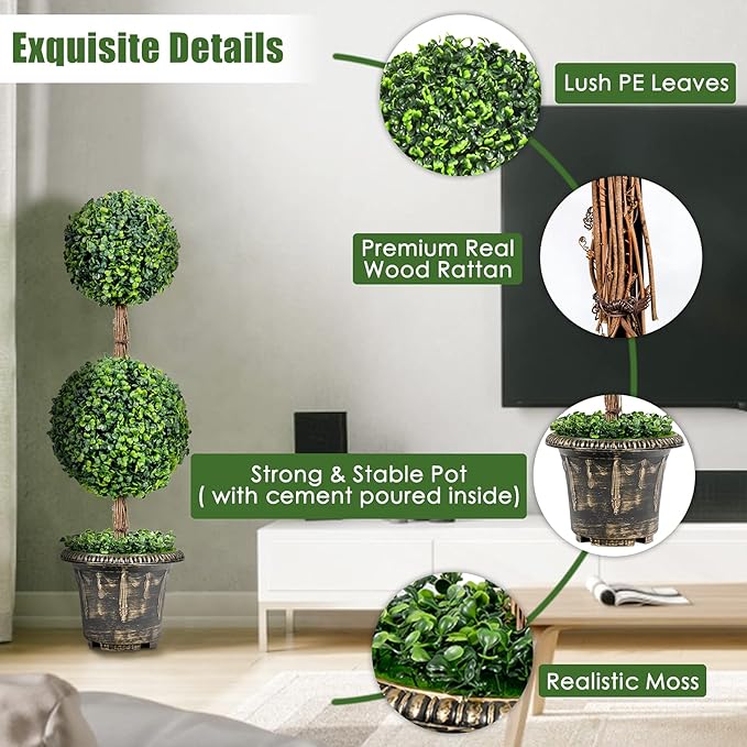 DREAMADE 3ft Boxwood Topiary Tree Artificial Outdoor & Indoor, Weatherproof Faux Plant Ball Tree w/Cement-Filled Plastic Pot, Fake Shrub Plant for Front Porch Garden Home Office Wedding Backyard