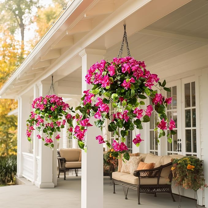 Artificial Hanging Bougainvillea Flowers for Outdoor 3 Pcs Faux Bougainvillea Flowers Fake Hanging Plants Silk Flowers Long Trailing Vines for Front Door Porch Planter Patio Balcony (Light Purple)