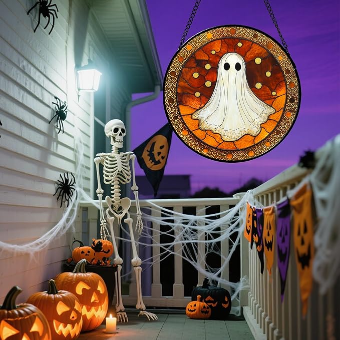 Stained Glass Window Hanging - Halloween Decorations White Ghost Suncatcher for Doors Garden Indoor Spooky Funny Orange Sun Catchers Gothic Decor Horror Gifts for Women Men Friend 7.8 in