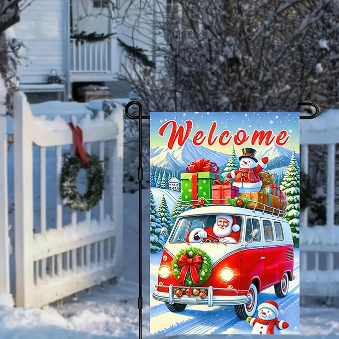 Christmas Welcome Bus Garden Flag 12x18 Inch Double Sided Holiday Santa with Gifts Snowman Small Outdoor Yard Flag Seasonal Welcome Garden Banner for Porch Lawn Patio Christmas Decor