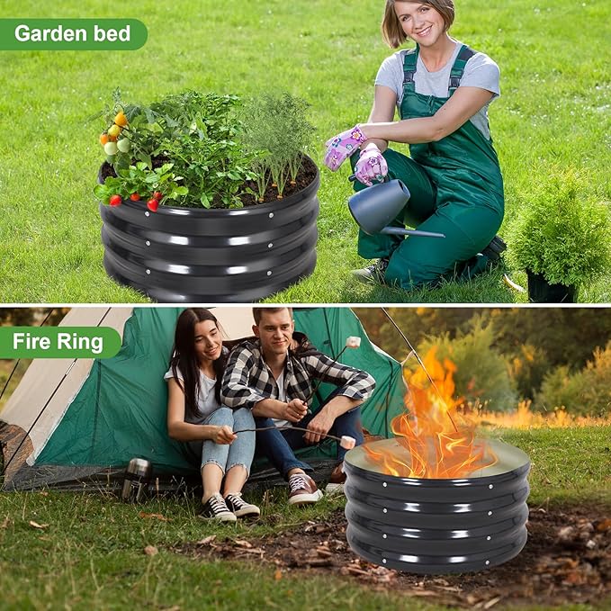 Galvanized Raised Garden Bed- 2Pcs Metal Planter Boxes Outdoor | 12" Tall 24" Round Steel Raised Bed Kit & Fire Pit Ring for Gardening with Protective Tape for Vegetables, Flower (Grey)