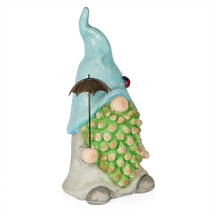 Alpine Corporation 18" Tall Outdoor Turquoise Hat Gnome Statue Holding Silver Umbrella, Playful Weatherproof Garden Decor