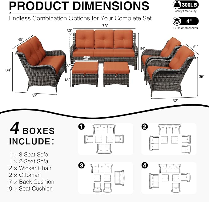 Joyside 6 Piece Wicker Patio Furniture Set, Rattan Patio Chairs with High Back, Deep Seating, Wide Armrest, Thickened Cushions, Outdoor Furniture for Deck, Porch Use