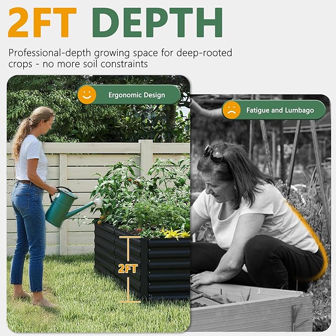 FOOWIN 4pcs 6x3x2ft Galvanized Raised Garden Bed, Planter Raised Garden Boxes Outdoor, Large Metal Raised Beds for Gardening, Garden Bed for Vegetables, Flowers, Herb,269 Gallon Capacity, Black