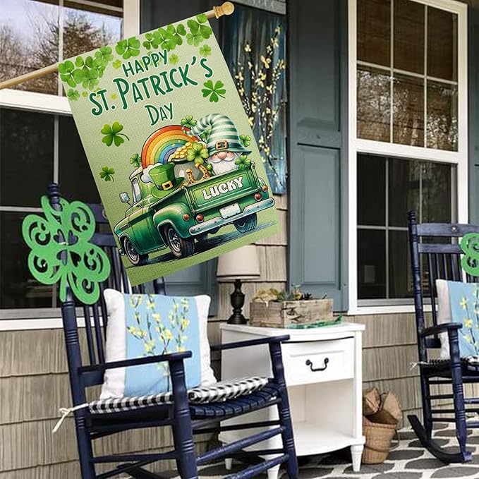 Happy St Patricks Day House Flag 28x40 Inch Double Sided Lucky Clovers Shamrocks Gnome Rainbow Truck Outside Large Holiday Flag for Yard Outdoor Decoration
