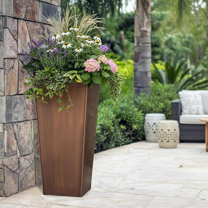 H Potter Tall Copper Planter 33 Inch Indoor Outdoor – Antique Copper Stainless Steel Floor Planter with Insert & Drainage – Large Entryway Patio Porch Flower Pot