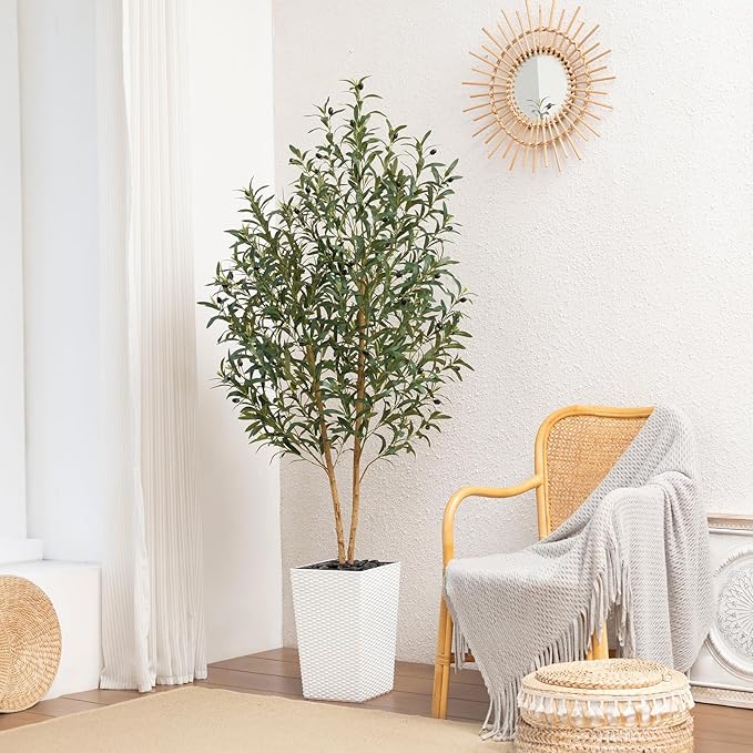 OAKRED Artificial Olive Tree 6FT Faux Olive Tree - Adjustable Branches UV Resistant with White Taper Planter and Pebbles - Faux Plants Indoor for Living Room, Office Decor and Bedroom