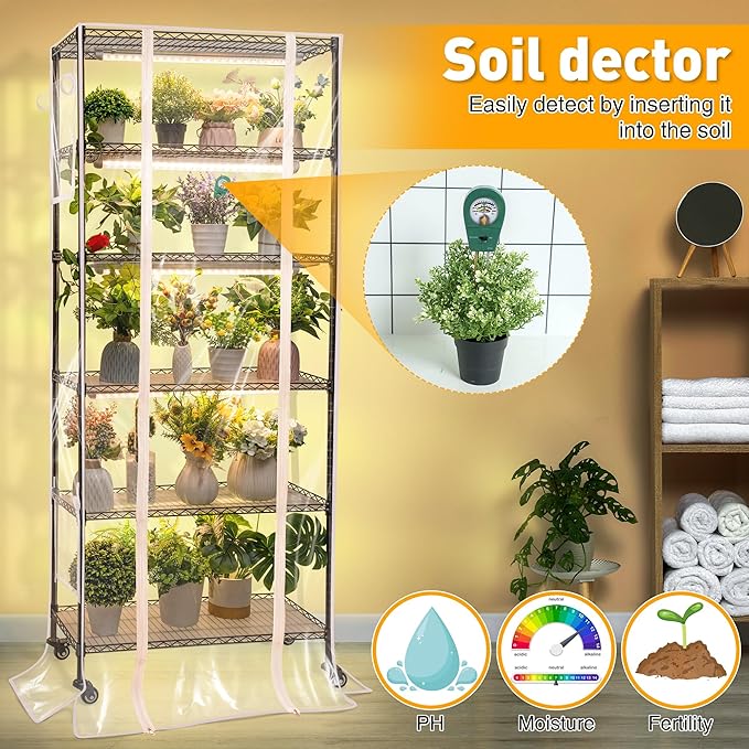 Meonum Plant Shelf with Grow Lights 30" x 13.8" x 70.8", 6 Tier DIY Metal Grow Rack with 90W LED Growing Lamps for Seed Starting, Indoor Greenhouse with Cover, Timer, Thermometer, pH Meter