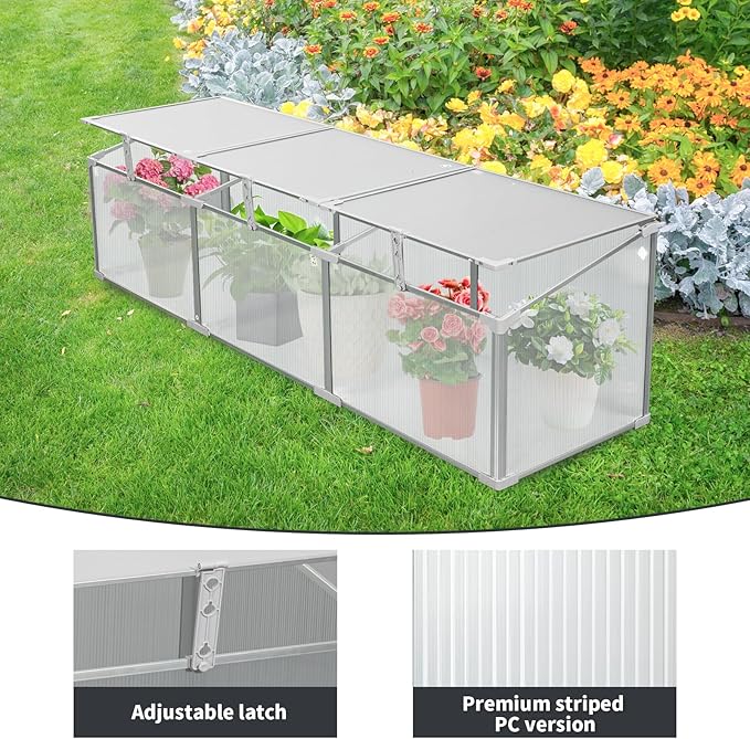 6×1.6 FT Polycarbonate Mini Greenhouse for Outdoors Winter Use, Portable Raised Cold Frame Green House with Openable Top, Aluminum Frame Small Greenhouse for Herbs Flowers Vegetables, Silver