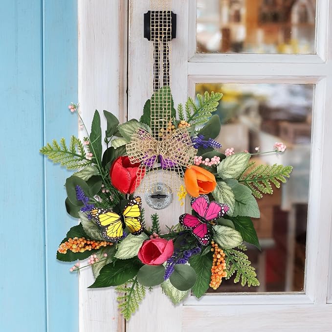 6 PCS Mini Spring Summer Kitchen Cabinet Wreaths Small Butterfly Tulip Lavender Eucalyptus for Front Door with Ribbon Berry Spring Floral Silk Flowers Wreath for Porch Wall Window Farmhouse Decor