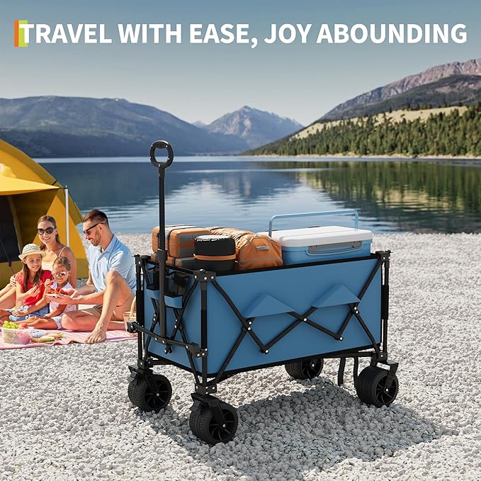 GarveeLife Heavy Duty Utility Beach Wagon Cart, Collapsible Wagon Beach with All Terrain Wheels, Extra Long WagonCart Foldable with Cup Holders for Sand