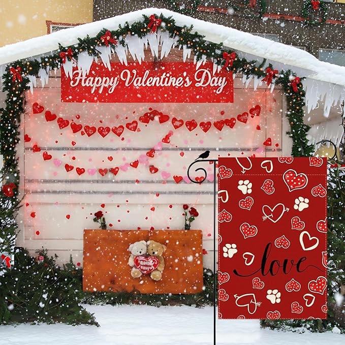 Red Love Heart Dog Paw Print Valentine’s Day Garden Flag Yard Flag 12x18 Inch Double Sided Small Mini Yard Outdoor Outside Holiday Decoration