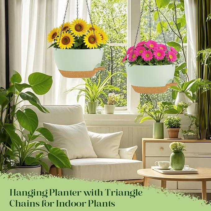 zople 10 Inch Hanging Planters with Chains 2 Pack Self Watering Green Brown Plastic Hanging Pots for Indoor Outdoor Plants, Garden Porch Home Decor (Green Brown)