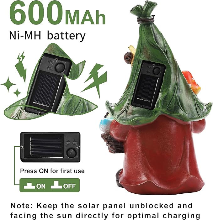 ZhiYo-GD Gnome Solar Garden Statue with 3 LED Lights, Mushroom-Picking Gnome Statue Outdoor Decor for Patio, Yard, Balcony, Lawn Ornament, Unique Gift for Mom, Grandma Christmas