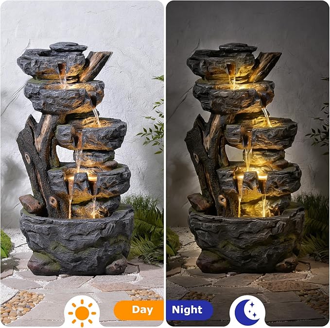 47.2" Tall Outdoor Water Fountain 5-Tier Large Cascading Waterfall Fountain Realistic Rock & Tree Trunk Design with LED Lights, Relaxing Water Flow for Garden, Patio, Backyard & Porch Decor