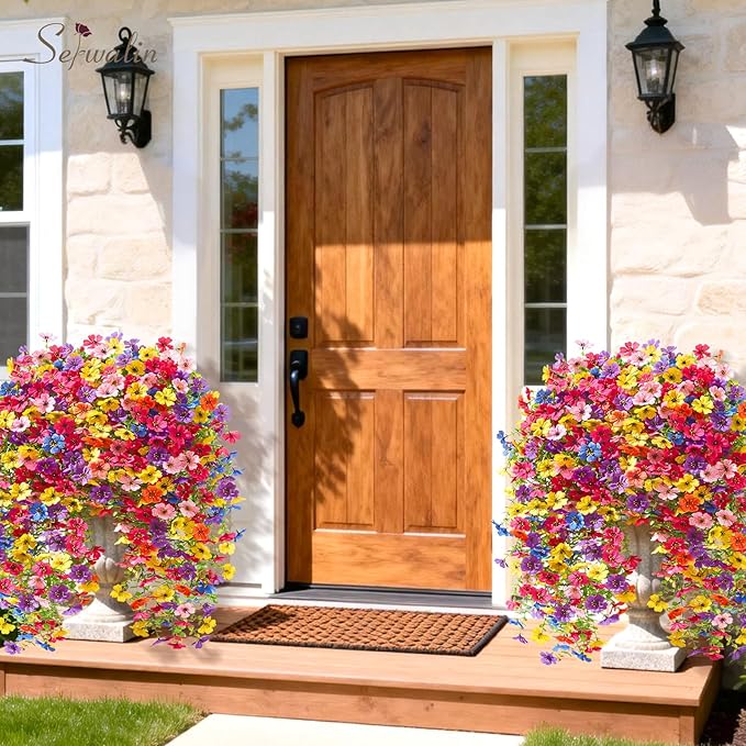 Serwalin 6PCS Artificial Fall Flowers for Outdoors Decoration, Realistic Silk Artificial Fall Hanging Flowers for Patio, Garden, Porch, Window, Outside (Multicolor,6PCS)