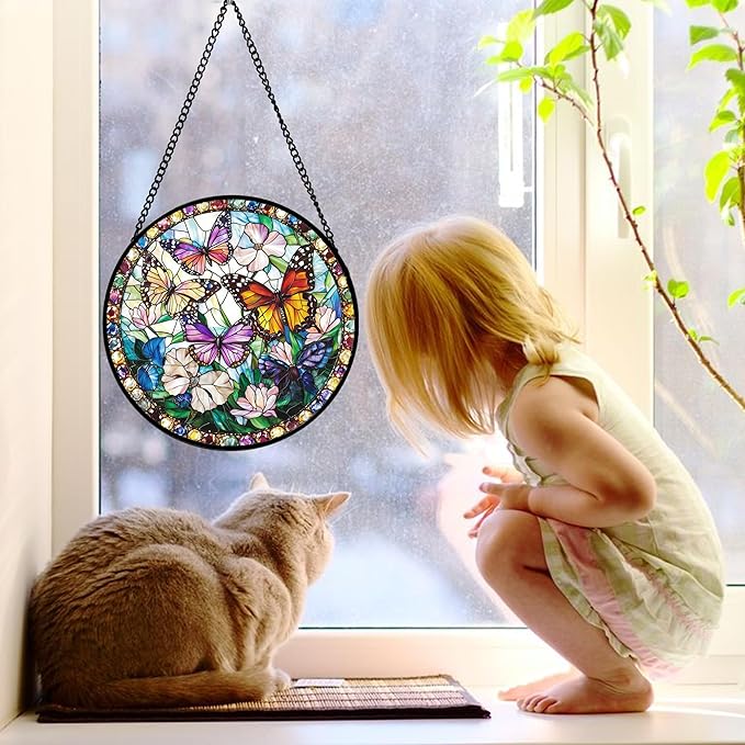 DASTOLL Stained Glass Window Hanging, Colorful Butterfly Suncatcher for Doors Home Sun Catchers Decoration and Christmas, Mother's Day Birthday Gifts for Women, Men, and Mom 9.8 in