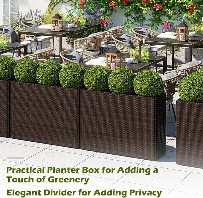 24" Tall Raised Garden Beds, 2 Pieces All-Weather PE Wicker Rattan Flowerpot with Removable Liner, Indoor Outdoor Modern Planter Rectangular Elevated Planter Box for Front Porch & Deck