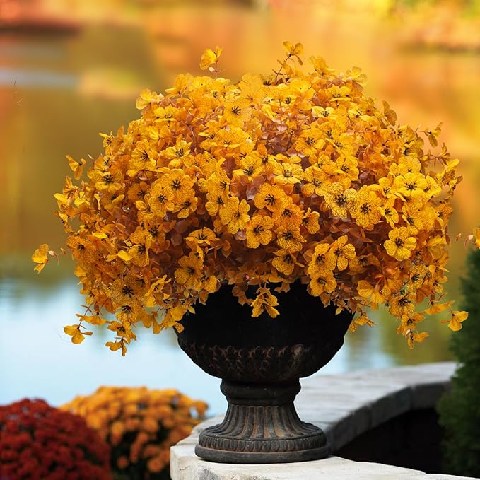 Grunyia 16 Bundles Artificial Fall Mums Outdoor UV Resistant, Fake Silk Plants No Fade Faux Greenery for Garden Porch Patio - Autumn Thanksgiving Christmas Home Decor (Fall Yellow)