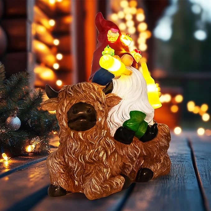 DKJOCKY Birthday Gifts for Women,Funny Garden Gnomes with Highland Cow Statues Decorations for Yard, Gnomes with Solar Lights Garden Decor, Friendships Birthday Gifts for Women Mom Unique