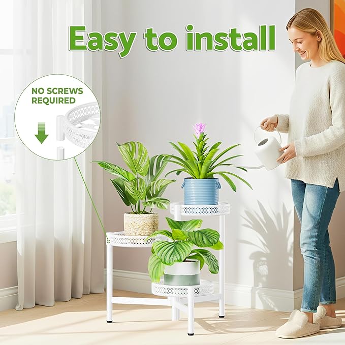 NQW 3 Tiered Tall Plant Stand Indoor Outdoor, Metral Plant Shelf for Corner Display Rack, Multi-Tier Folding Planter Pot Holder Flower Stand for Living Room Balcony Garden Patio - WhiteWave