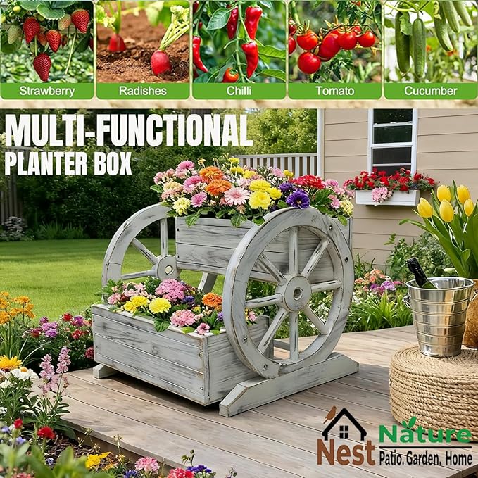NestNature Wooden Wagon Planter Box,Raised Garden Bed,Decorative Garden Planters with Wheels-Outside Flower Pots for Indoor/Outdoor Décor Plants (Antique White)