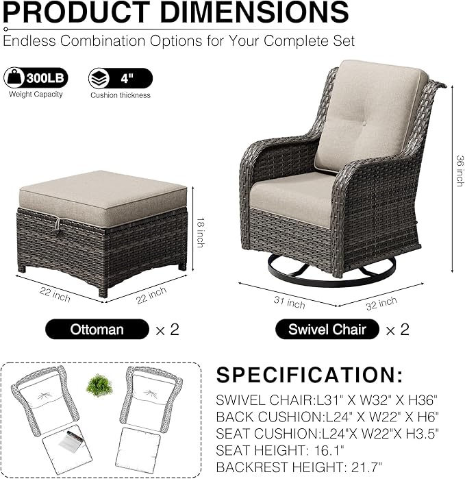 Joyside 4 Piece Wicker Patio Furniture Set, Outdoor Swivel Rocker Patio Chairs with High Back, Deep Seating, Wide Armrest, Thickened Cushions, Outdoor Furniture for Deck, Porch Use