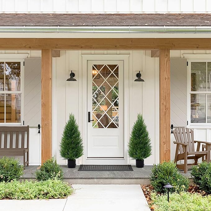 VIVATREES 2Pack 3ft Outdoor Artificial Cedar Topiary Trees, All-Weather Faux Pine for Home Porch Entryway Decor
