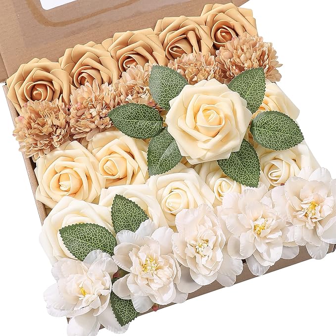 YYHUAWU White Artificial Flowers Combo Box Set Gradient Color 25pcs Fake Flowers with Stems for DIY Wedding Bridesmaid Bridal Bouquets Centerpieces Party Home Decoration (Champagne & White)