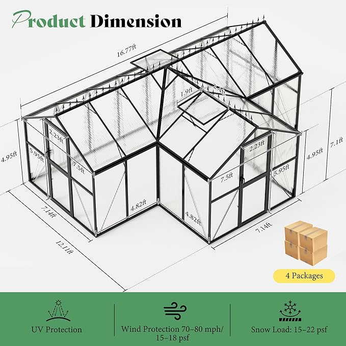 AMERLIFE 16.8x12x7 FT Greenhouse for Ourdoors, Quick-Lock Assembly, Aluminum Frame with 2 Vents, 2 Doors, and Walk-in Design for Garden or Backyard, Black
