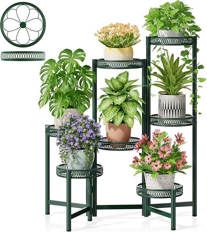 NQW 7 Tier Metal Corner Plant Stand Indoor Outdoor, Folding Tall Plant Rack, Heavy Duty Wrought Iron Flower Pot Stand, Planter Display Rack for Living Room Balcony Garden Patio - GreenFlower
