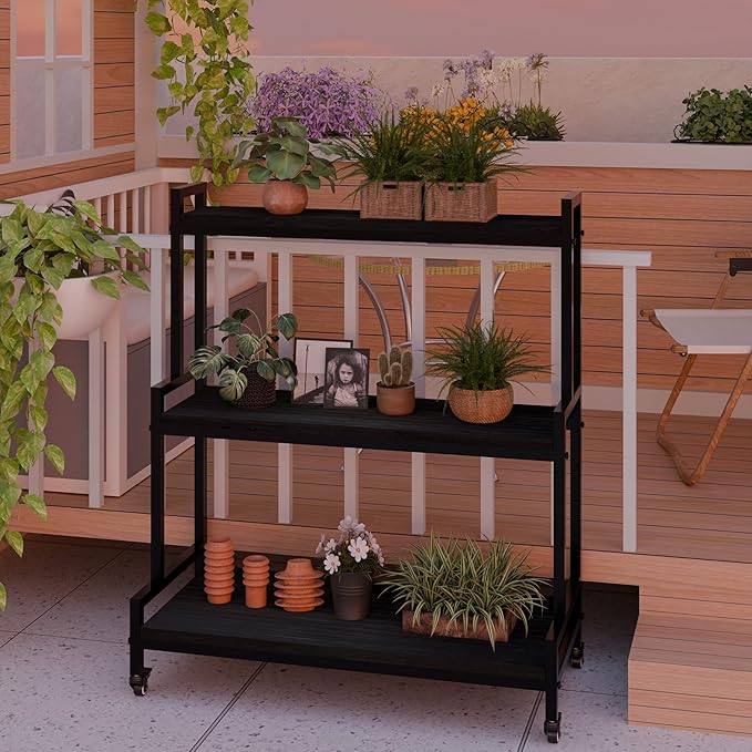 YCCO Plant Stand Indoor with Wheels 37” H, Rolling Plant Shelf Rack Outdoor,Metal Plant Stands with Solid Wood for Multiple Plants,Industrial Ladder Plant Flower Shelf for Garden,Living Room,Black