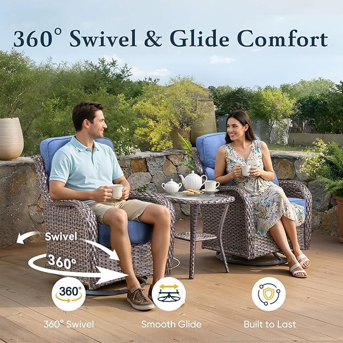 Belord Luxury 6" Thick Cushioned 7 Pieces Patio Furniture Set with Outdoor Couch, Wicker Outdoor Conversation Set with High Back Swivel Rocker Chairs for Deck Porch Yard and Poolside - Brown+Blue