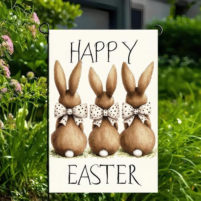 Happy Easter Garden Flag 12x18 Inch Double Sided Bunny Bow Yard Flag Outdoor Welcome Yard Holiday Decoration Colorful Easter Three Cute Bunny Holiady Supplies