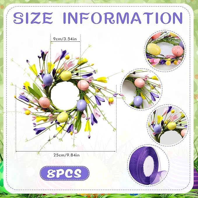 8 PCS Mini Easter Wreaths for Front Door Small Artificial Pastel Easter Egg Kitchen Cabinet Wreath Spring Summer Hanging Floral Wreath with Ribbon Berry for Home Porch Wall Window Farmhouse Decor