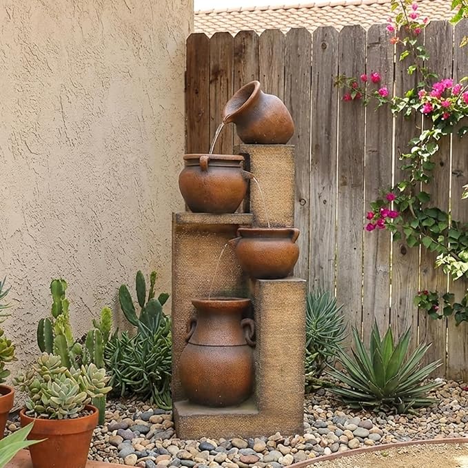 53" H Large Outdoor Water Fountain with Lights - 4 Tiered Cascading Bowls Waterfall Fountain for Garden, Patio, Backyard, Porch Inside - Freestanding Outdoor Water Feature Gold