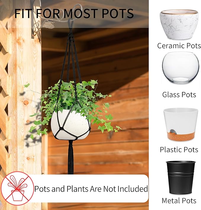 IDEEEPAN Macrame Plant Hanger - Fits 4 to 13 inches Pots for Indoor Outdoor, 34"/41"/46" 3 Sizes Set, Black (POTS NOT Included)