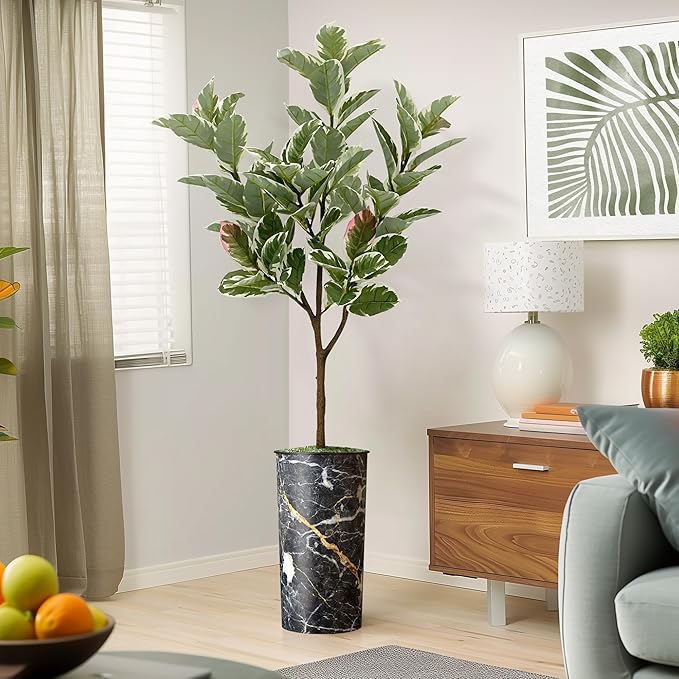 Artificial Tree in Modern Granite Effect Planter, Fake Rubber Silk Tree for Indoor and Outdoor Home Decoration - 70" Overall Tall (Plant Pot Plus Tree)