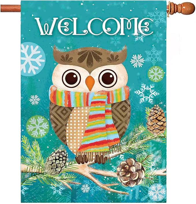 Morigins Cute Owl Christmas Holly Winter Double Sided House Flag 28x40 inch