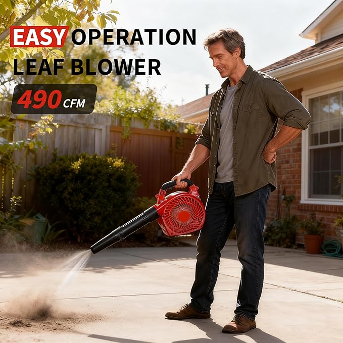 28 CC Gas Leaf Blower, 490 CFM 280 MPH, 1.1-HP 2-Stroke, Handheld Gas Powered Leaf Blower, Lightweight, Powerful Clearing Performance for Lawn Care, Driveway Cleaning and Light Snow Removal