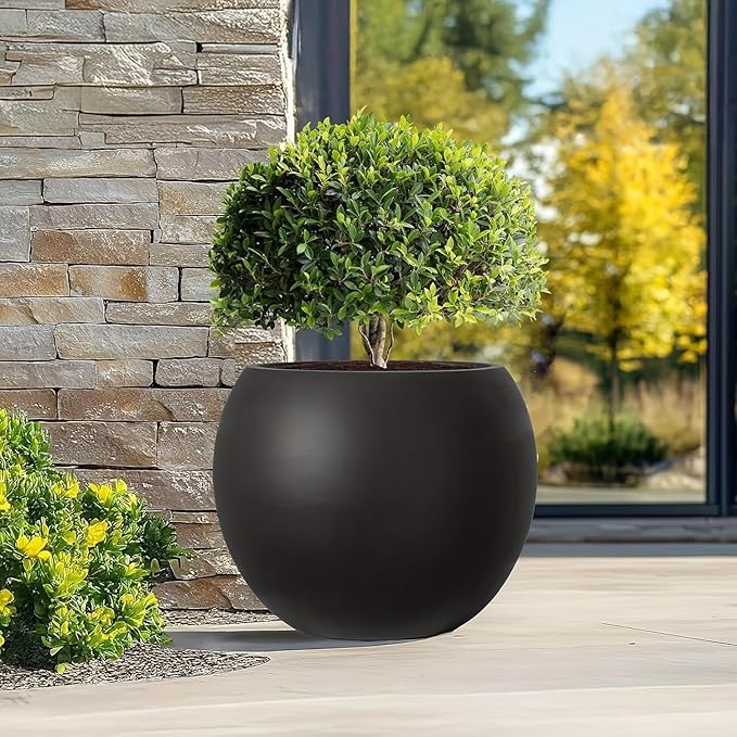 Panlaolao 17 H x 21" Dia (15" Pot Opening) Round Fiberstone Planter with Drainage Hole, Black, Indoor/Outdoor Large Plant Pot for Home Patio Garden, Planter for Christmas Tree, Ideal for Large Plants