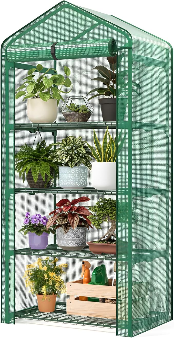 Superlele 4-Tier Mini Greenhouse for Indoor Outdoor, 19.3x27.2x62in Vertical Plant Green House with Adjustable Shelves, Reinforced Green PE Mesh Cover and Zippered Door, Heavy Duty Steel Frame