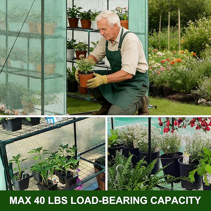 Grezone Walk-in Greenhouse Upgraded Portable Green House with Thicken PE Cover, 3 Tiers 8 Shelves for Outdoors，Heavy Duty Plastic Plant Warm House with Reinforced Frame (56x56x77 in)