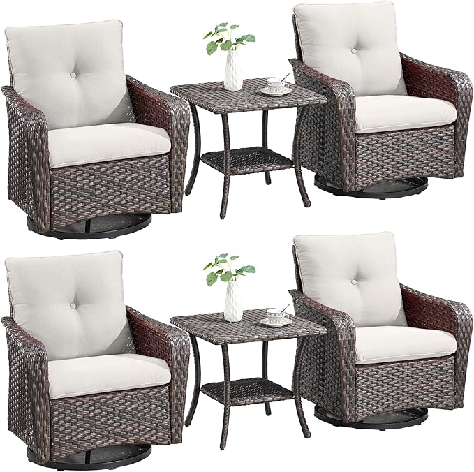 Rilyson Outdoor Patio Swivel Rocker Chairs - 6 PC Wicker Patio Bistro Sets with High Back,Comfy Cushions, Deep Seating and Side Table for Porch Deck Backyard Garden(Brown/Beige)