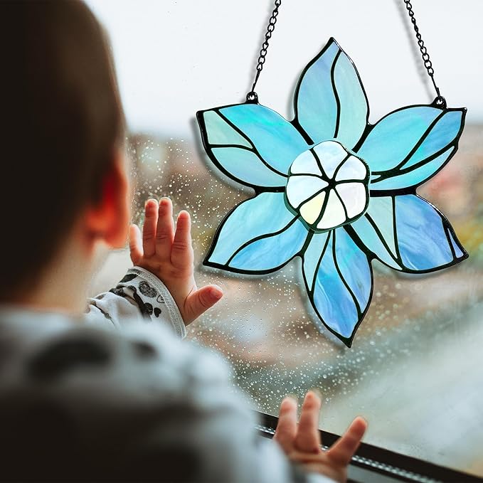 DASTOLL Stained Glass Window Hanging - Blue Christmas Flower Suncatcher for Doors Garden Kitchen Floral Sun Catchers Home Decor Birthday Holiday for Women Aunt Mom Nana Gardener